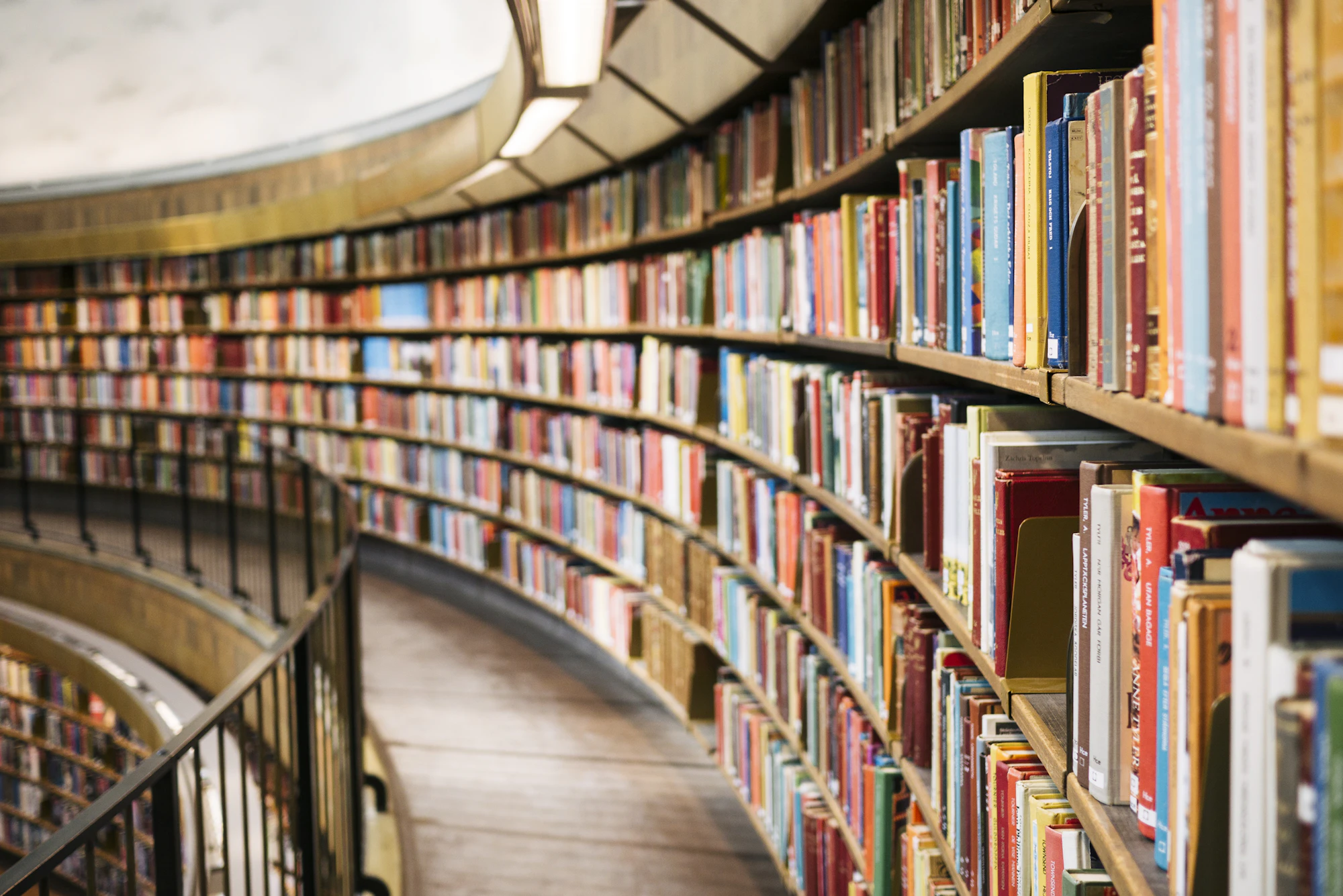 A curved wall of library shelves