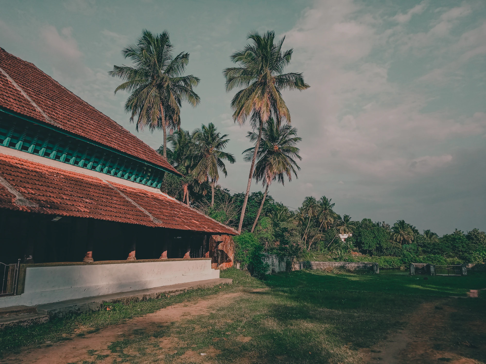 A long building with a red tiled roof beside coconut palms