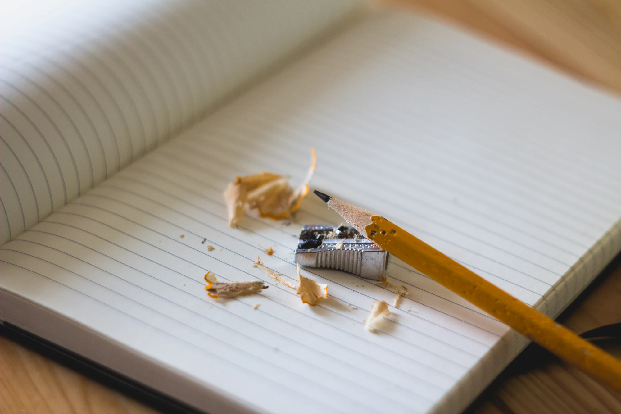 A pencil and sharpener shavings on a ruled notebook page