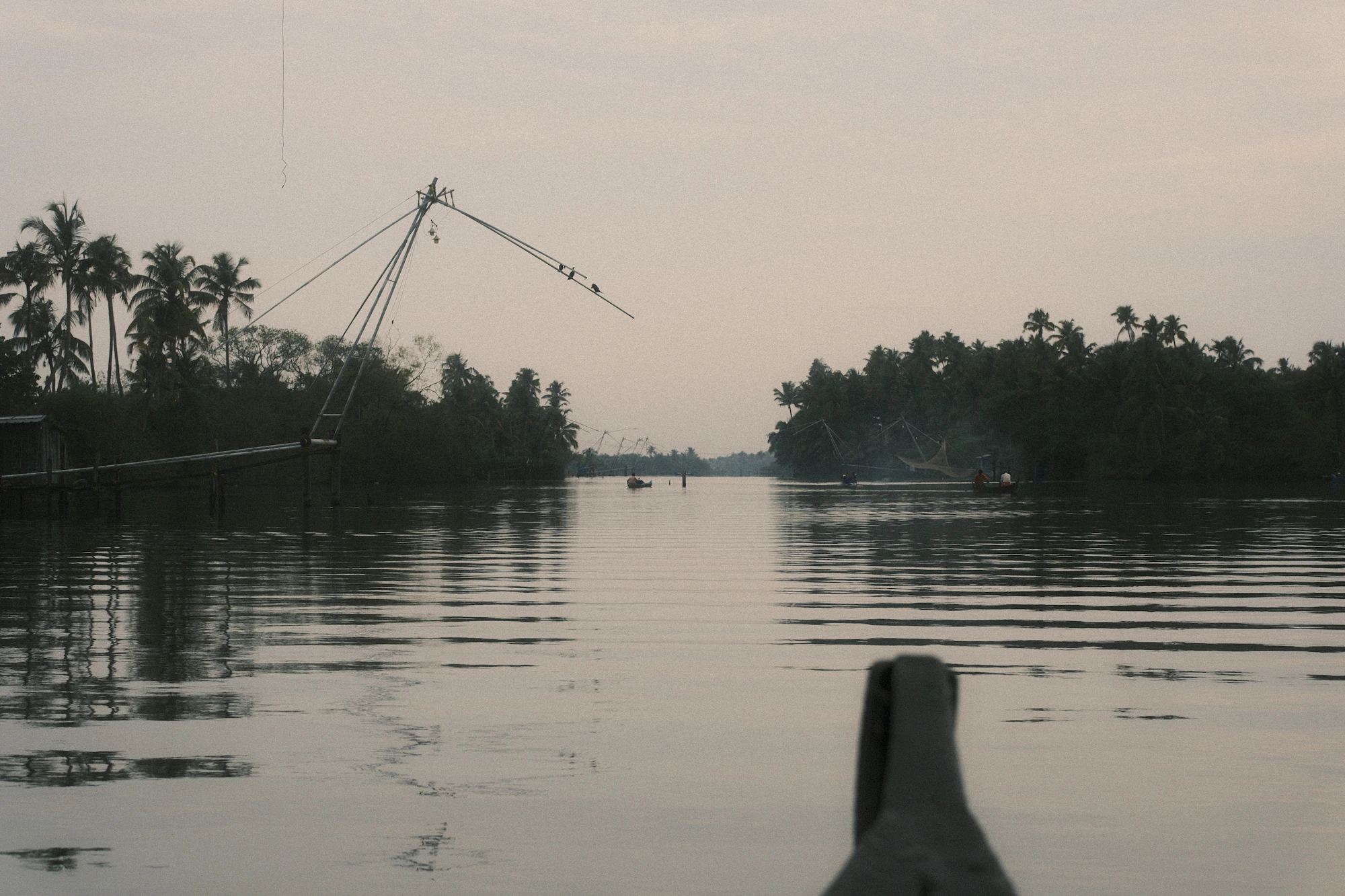 A fishing net on a palm-lined river, seen from a canoe