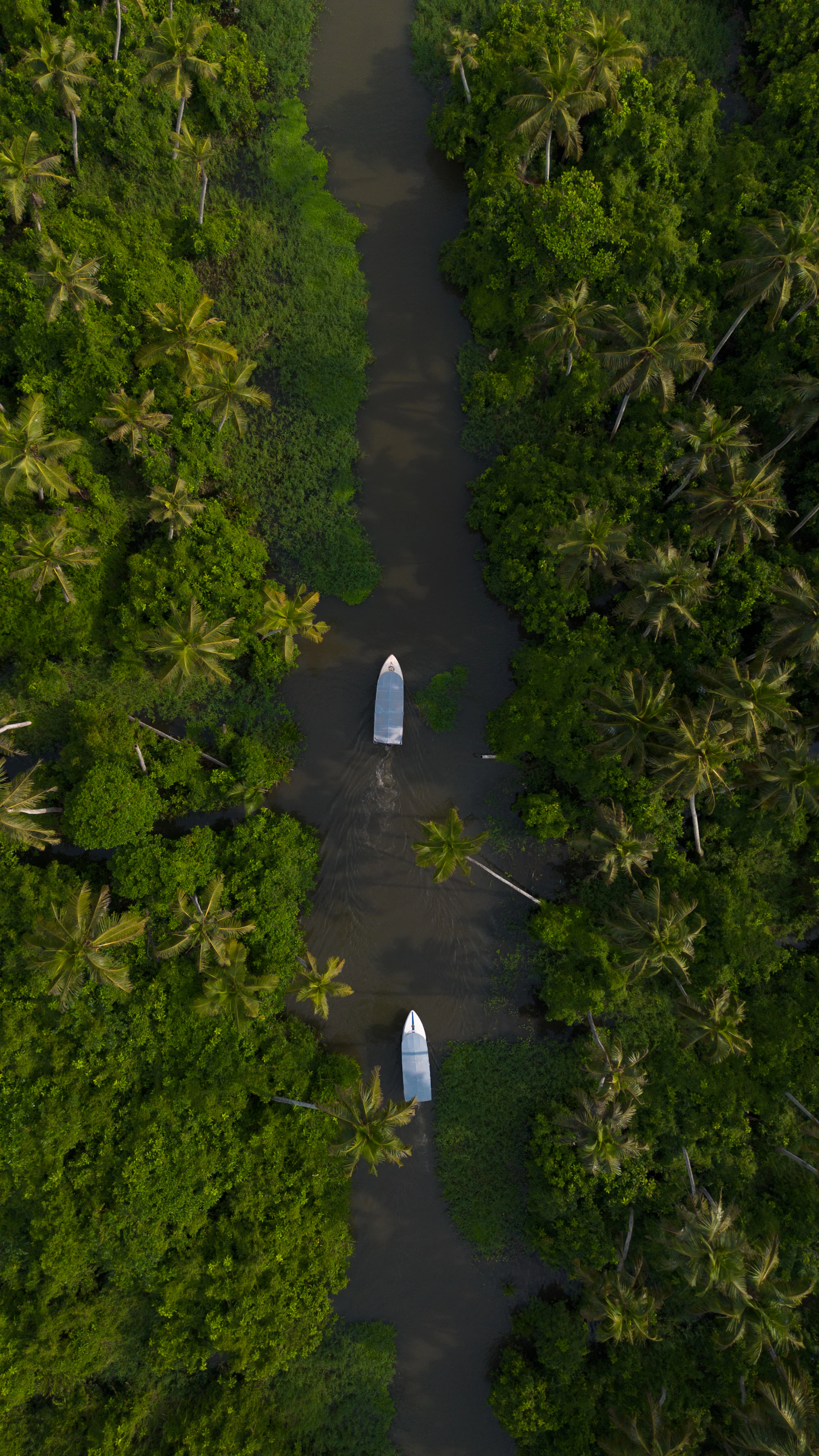 Boats on a narrow waterway through green fields, from above